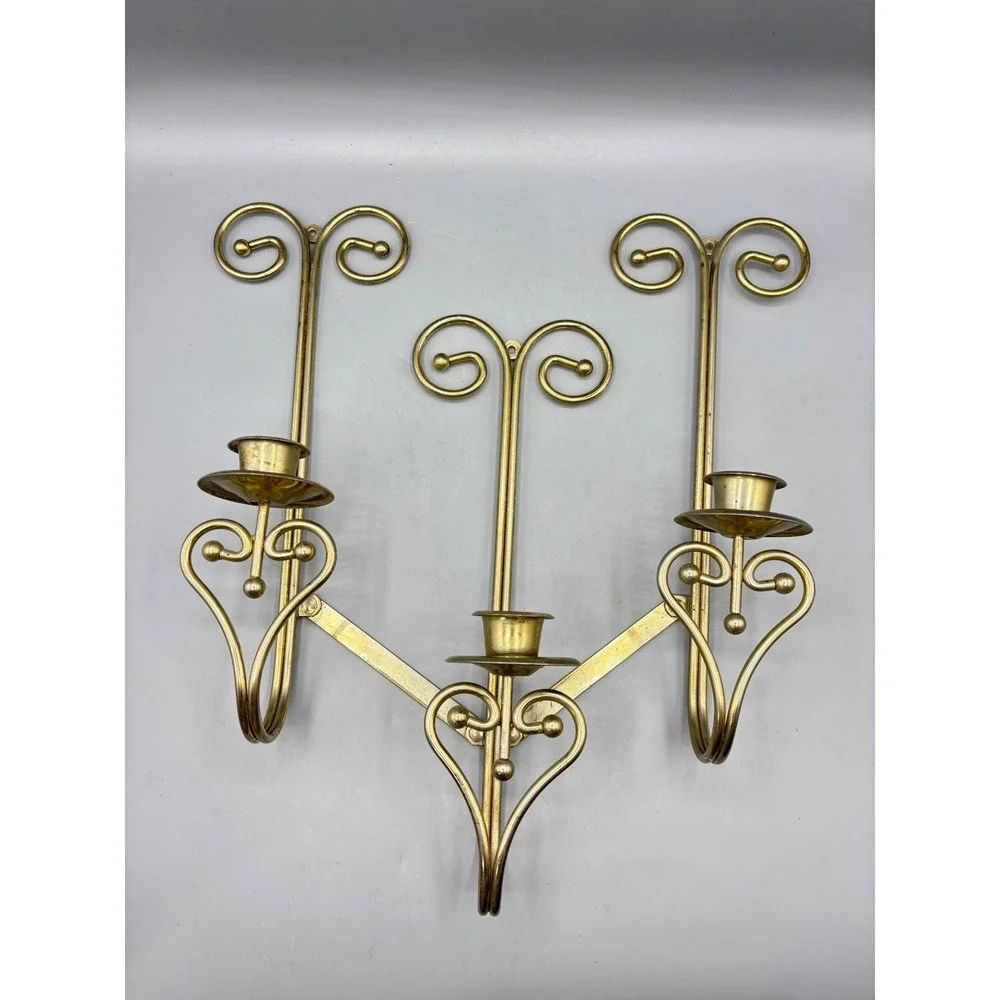 Vintage Brass Triple Wall Sconce Adjustable Folding Scroll Heart Candle Holder